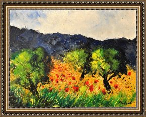 Meadow Poppies IV Framed Prints - Olive trees and poppies by Pol Ledent