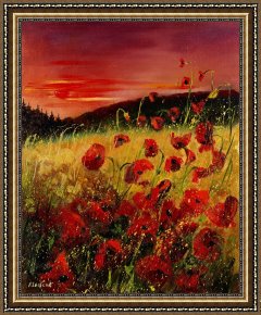 Meadow Poppies IV Framed Prints - Red poppies and sunset by Pol Ledent