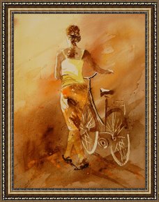 Watercolor Framed Prints - Watercolor With My Bike by Pol Ledent