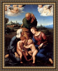 Holy Family with The Infant Saint John The Baptist And Saint Francis Framed Paintings - The Holy Family with Saints Elizabeth And John by Raphael