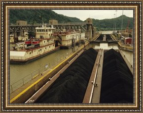 Night View of a Barge And It's Tug on The Kanawha River Framed Paintings - Coal Barge Entering a Lock System on The Kanawha River by Raymond Gehman