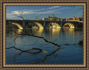 Night View of a Barge And It's Tug on The Kanawha River Framed Paintings - Dusk View of Georgetown University Beyond Key Bridge Over The Potomac River by Raymond Gehman