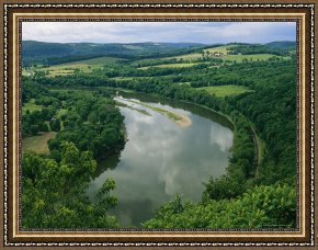 Night View of a Barge And It's Tug on The Kanawha River Framed Paintings - Elevated View Along The Susquehanna River And Surrounding Landscape by Raymond Gehman