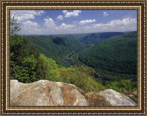 Night View of a Barge And It's Tug on The Kanawha River Framed Paintings - Elevated View of The New River Gorge And Mountains From Grand View by Raymond Gehman