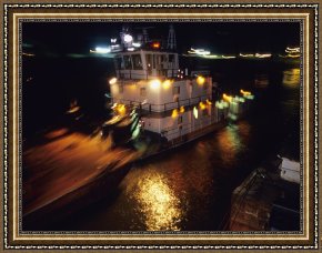 Night View of a Barge And It's Tug on The Kanawha River Framed Paintings - Night View of a Barge And It's Tug on The Kanawha River by Raymond Gehman