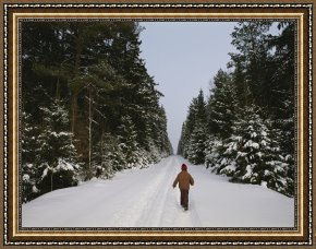 Walking The Plank Framed Paintings - Polish Child Walking on a Snowy Road in Bialowieza Forest by Raymond Gehman