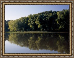 Night View of a Barge And It's Tug on The Kanawha River Framed Paintings - Scenic View of The Cumberland River And Trees Along The Shore by Raymond Gehman