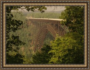 Night View of a Barge And It's Tug on The Kanawha River Framed Paintings - View of The New River Gorge Bridge From One Side by Raymond Gehman