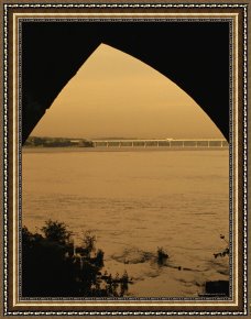 Night View of a Barge And It's Tug on The Kanawha River Framed Paintings - View of The Susquehanna River From Under The Rockville Bridge by Raymond Gehman