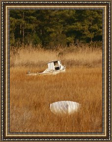 Between Geest And Marsh Framed Paintings - Watermens Boats And a Great Blue Heron in a Cordgrass Salt Marsh by Raymond Gehman
