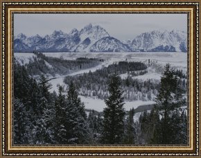 Night View of a Barge And It's Tug on The Kanawha River Framed Paintings - Winter View of The Snake River Grand Teton National Park by Raymond Gehman