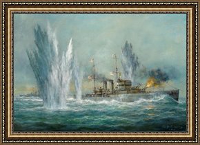 The Battle of Bannockburn Framed Paintings - HMS Exeter engaging in the Graf Spree at the Battle of the River Plate by Richard Willis