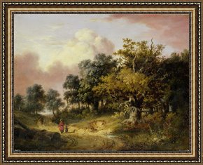 Walking The Plank Framed Paintings - Wooded Landscape with Woman and Child Walking Down a Road by Robert Ladbrooke
