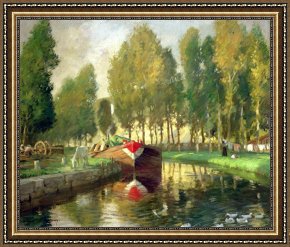 Night View of a Barge And It's Tug on The Kanawha River Framed Paintings - Barge on a River Normandy by Rupert Charles Wolston Bunny