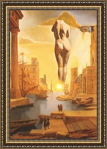 Golden Framed Prints - Dali's Hand Drawing Back The Golden Fleece in The Form of a Cloud to Show Gala Completely Nude by Salvador Dali