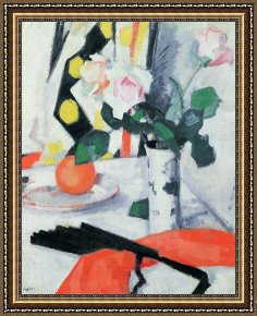 Vase Framed Prints - Roses in a Chinese Vase with Black Fan by Samuel John Peploe