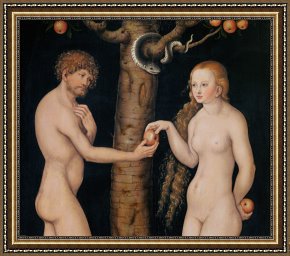The Garden of Eden Framed Paintings - Eve Offering The Apple to Adam In The Garden of Eden by The Elder Lucas Cranach