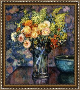 Flowers in a Blue Vase Framed Prints - Vase Of Flowers by Theo van Rysselberghe