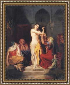 Bath Pastels Framed Paintings - Moorish Woman Leaving The Bath in The Seraglio by Theodore Chasseriau