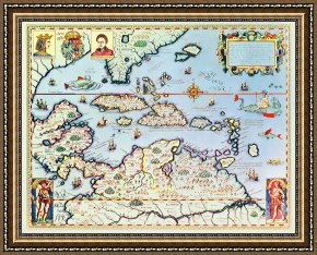 American Framed Prints - Map of the Caribbean islands and the American state of Florida by Theodore de Bry