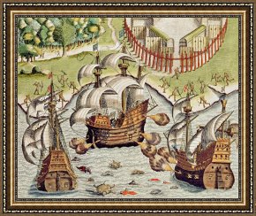 The Battle of Bannockburn Framed Paintings - Naval Battle between the Portuguese and French in the Seas off the Potiguaran Territories by Theodore de Bry