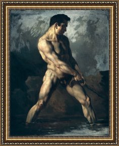 Seated Nude Framed Paintings - Study of a Male Nude by Theodore Gericault