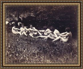 Seated Nude Framed Paintings - Males nudes in a seated tug-of-war by Thomas Cowperthwait Eakins
