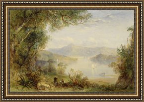 Night View of a Barge And It's Tug on The Kanawha River Framed Paintings - View on The Hudson River by Thomas Creswick