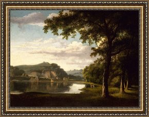Night View of a Barge And It's Tug on The Kanawha River Framed Paintings - Landscape with View on The River Wye by Thomas Jones