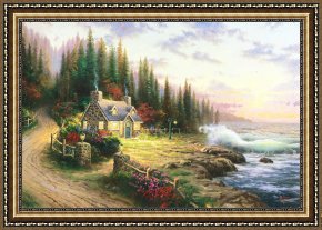 Clocktower Cottage Framed Paintings - Pine Cove Cottage by Thomas Kinkade
