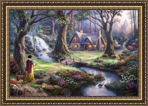 Meadow Angels - White Poppies Framed Prints - Snow White Discovers The Cottage by Thomas Kinkade