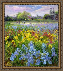 Field of Yellow Irises at Giverny Framed Paintings - Hoeing Team and Iris Fields by Timothy Easton