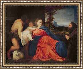 Holy Family with The Infant Saint John The Baptist And Saint Francis Framed Paintings - Virgin and Infant with Saint John the Baptist and Donor by Titian