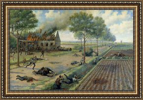 Village Framed Prints - The Russian Cavalry Fighting the Germans in a Village in 1915 by Viktor Viketyevich Masurovsky