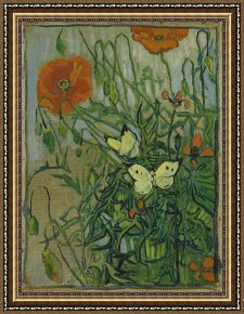 Evocation of Butterflies Framed Paintings - Butterflies And Poppies by Vincent van Gogh