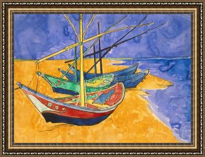 Hendrikus Van De Sende Baachyssun Framed Prints - Fishing Boats on the Beach at Saintes Maries de la Mer by Vincent Van Gogh