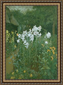 Cubist Lilies Framed Prints - Madonna Lilies in a Garden by Walter Crane