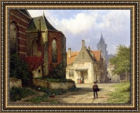Exterior Framed Paintings - Figure before a Redbrick Church in a Dutch Town by Willem Koekkoek