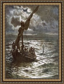 Walking The Plank Framed Paintings - Jesus Walking Upon The Sea by William Brassey Hole