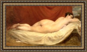 Naked Framed Paintings - Nude Lying On A Sofa Against A Red Curtain by William Etty