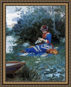 Riverbank Framed Paintings - A Quiet Afternoon by William Henry Lippincott