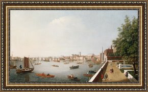 Night View of a Barge And It's Tug on The Kanawha River Framed Paintings - View of the River Thames from the Adelphi Terrace by William James