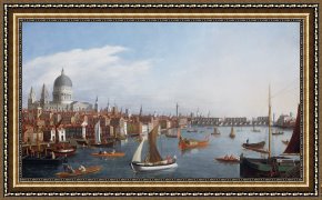 Night View of a Barge And It's Tug on The Kanawha River Framed Paintings - View of the River Thames with St Paul's and Old London Bridge by William James