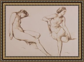 Woman with Cello Framed Prints - Sepia Drawing of Nude Woman by William Mulready