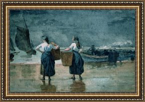 Sea Framed Paintings - Fisher Girls by the Sea by Winslow Homer
