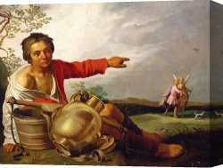 Boy Canvas Paintings - Shepherd Boy Pointing At Tobias And The Angel by Abraham Bloemaert