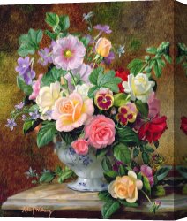 Flowers in a Blue Vase Canvas Prints - Roses Pansies And Other Flowers In A Vase by Albert Williams