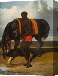 Dedreux Canvas Paintings - African Keeping a Horse at The Side of a Sea by Alfred Dedreux