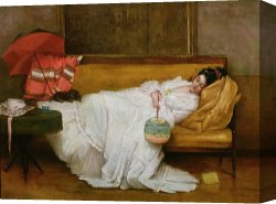White Canvas Prints -  Girl in a white dress resting on a sofa by Alfred Emile Stevens