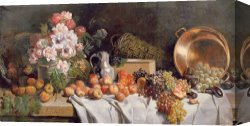 Alfred Dedreux Or De Dreux Canvas Paintings -  Still life with flowers and fruit on a table by Alfred Petit